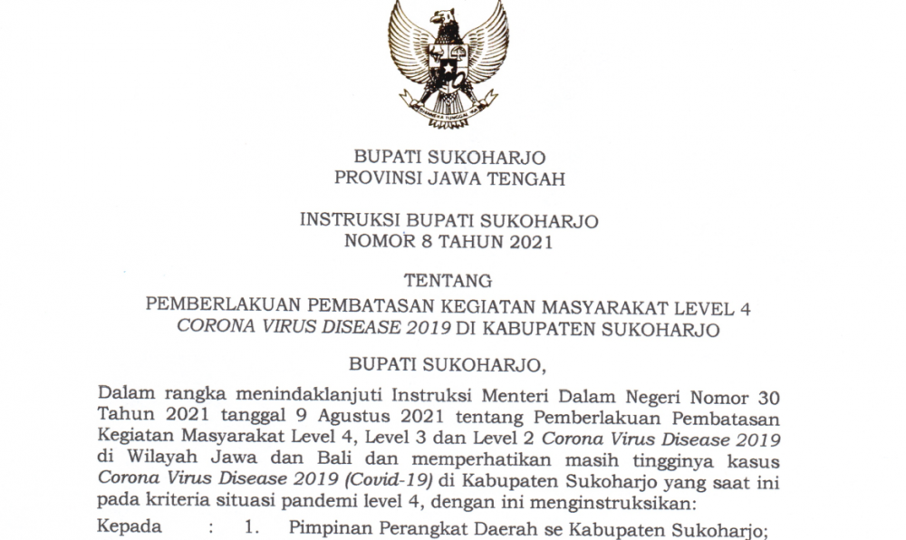 INSTRUKSI BUPATI NO. 08 TAHUN 2021 TENTANG PPKM LEVEL 4