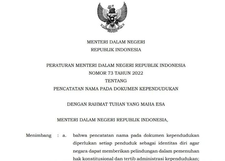 Larangan Terkait Pencatatan Nama pada Dokumen Kependudukan yang tercantum dalam Permendagri Nomor 73 Tahun 2022