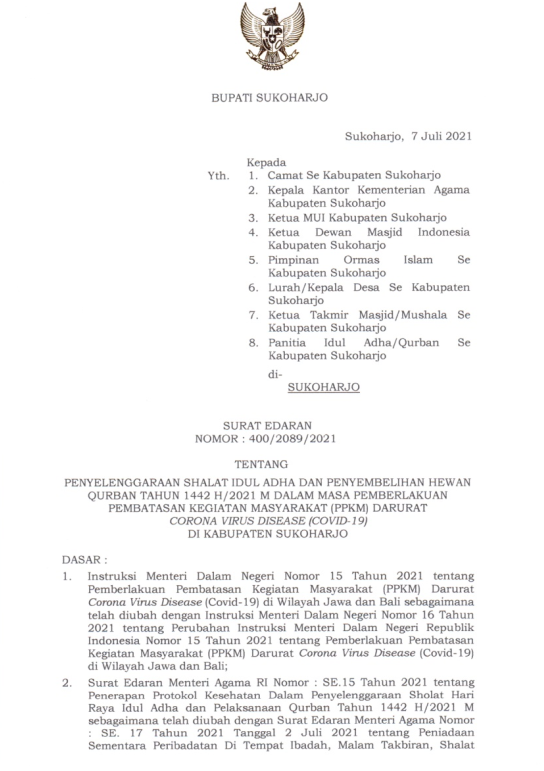 SURAT EDARAN BUPATI SUKOHARJO NOMOR : 400/2089/2021