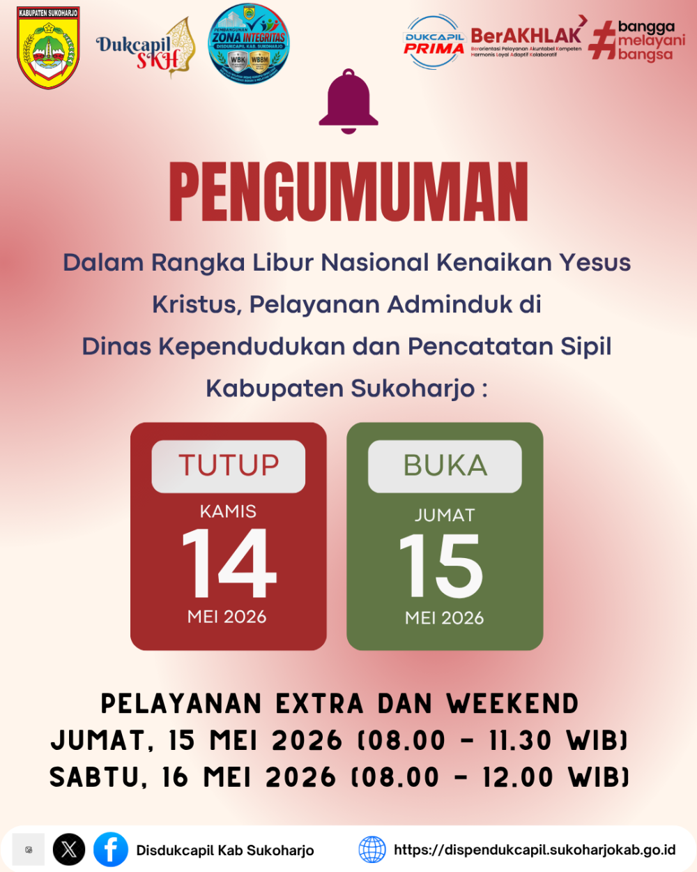 Pengumuman Libur Nasional Kenaikan Yesus Kristus, Disdukcapil Sukoharjo Tetap Hadirkan Pelayanan Extra dan Weekend