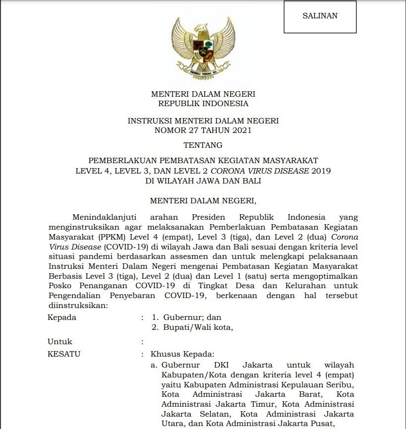 Inmendagri No 27 Tahun 2021