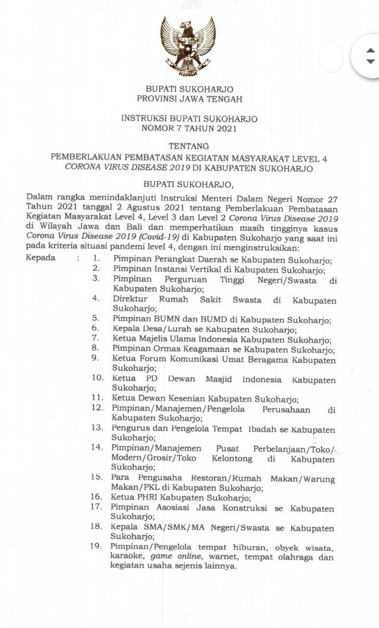 INSTRUKSI BUPATI SUKOHARJO NOMOR 7 TAHUN 2021